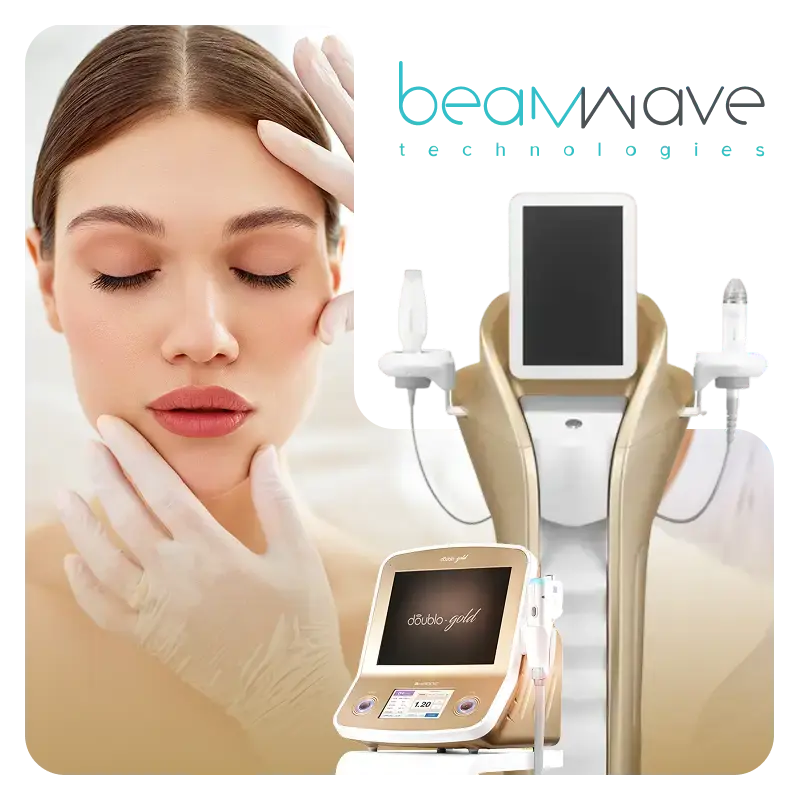 Patient getting a treatment with images of HIRONIC Gentlo and Doublo Gold machine