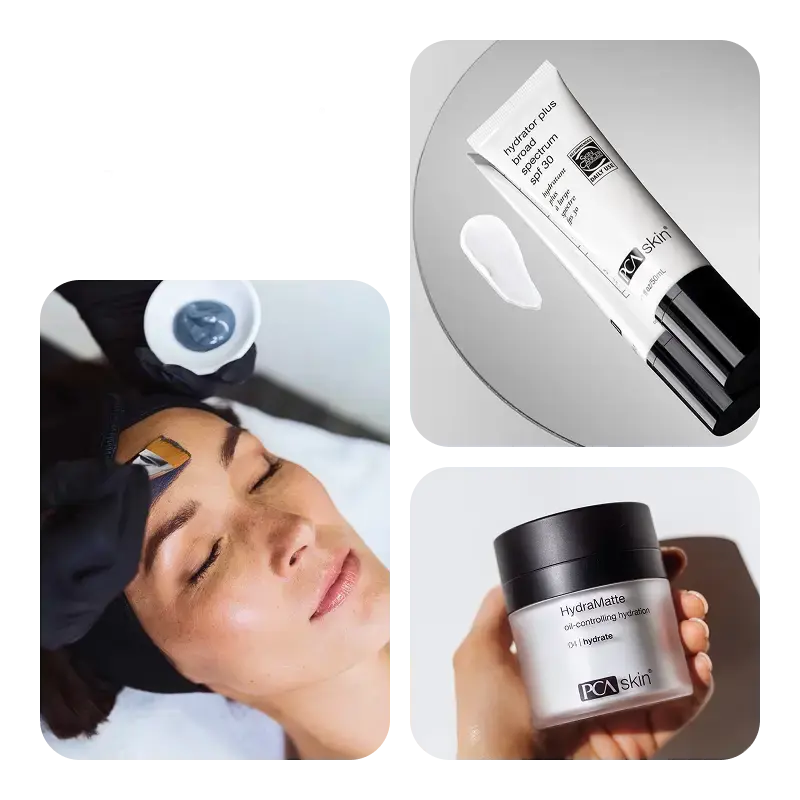 A patient getting a PCA Skin treatment with images of PCA products