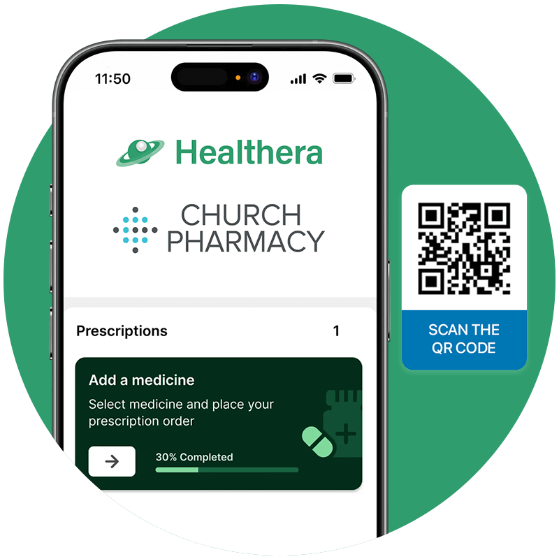 Mobile phone showing the Healthera app with Church Pharmacy